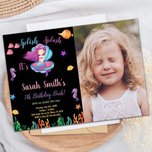 Photo Black Purple Shell Mermaid Birthday Invitation