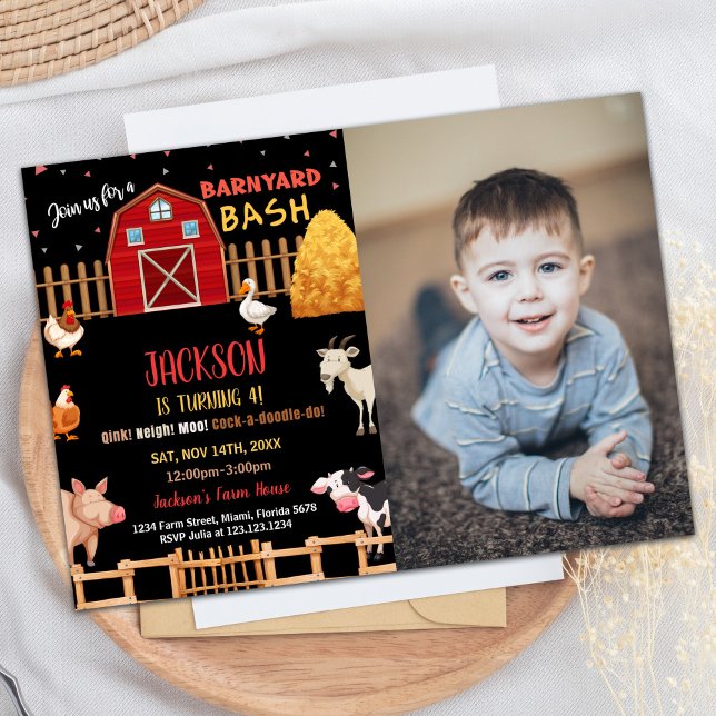 Photo Black Red Farm Animals Birthday Invitations (Photo Black Red Farm Animals Birthday Invitations)
