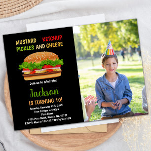 Photo Black Red Green Burger Birthday Invitations