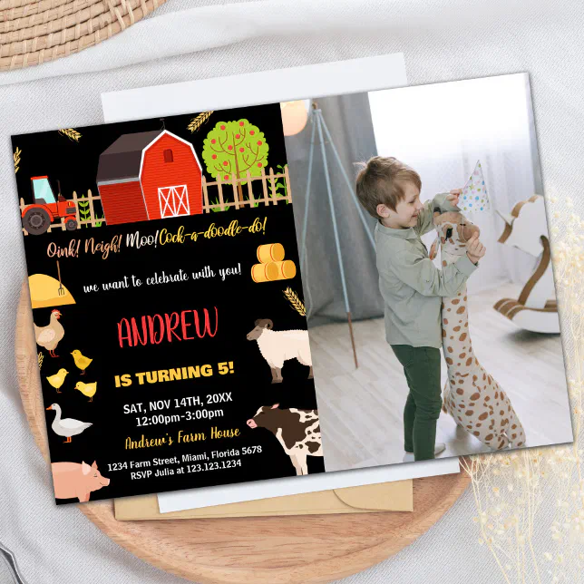 Photo Black Red Green Farm Animals Birthday Invitation | Zazzle