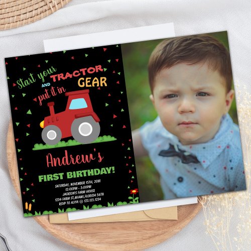 Photo BLACK RED Green Grass Tractor Birthday Invitation