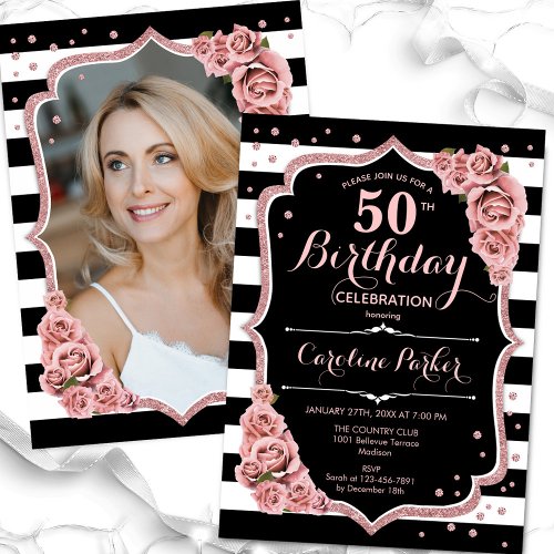 Photo Black Rose Gold 50th Birthday Invitation