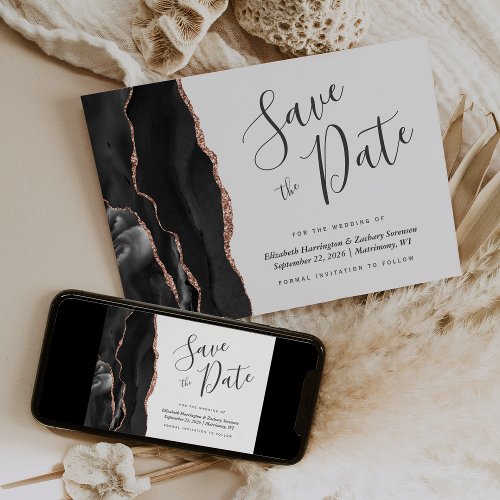 Photo Black Rose Gold Agate Save the Date Card