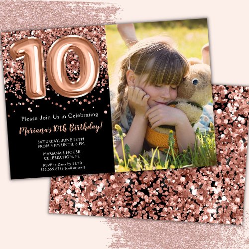 Photo Black Rose Gold Glitter 10th Birthday Party Invitation