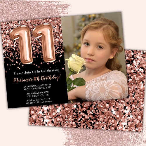 Photo Black Rose Gold Glitter 11th Birthday Invitation