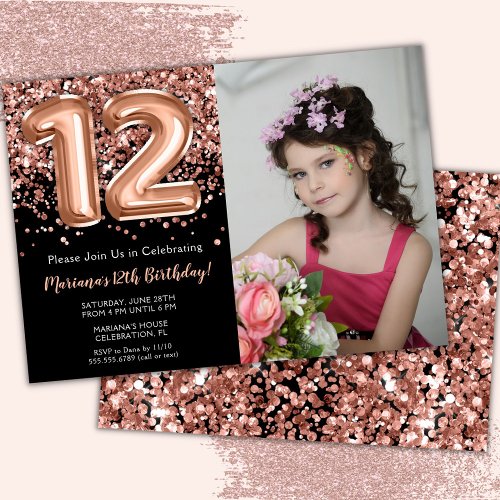 Photo Black Rose Gold Glitter 12th Birthday Invitation