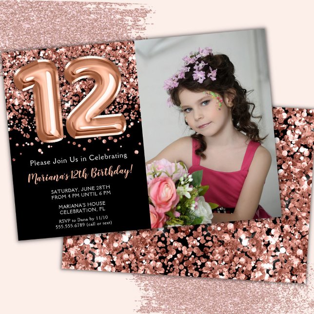 Photo Black Rose Gold Glitter 12th Birthday Invitation (Creator Uploaded)