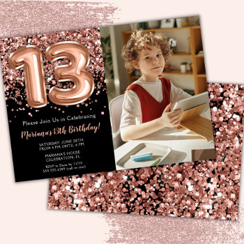 Photo Black Rose Gold Glitter 13th Birthday Party Invitation by WittyPrintables at Zazzle