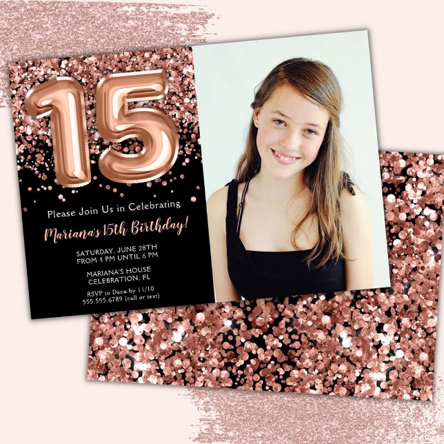 Photo Black Rose Gold Glitter 15th Birthday Party Invitation (Creator Uploaded)