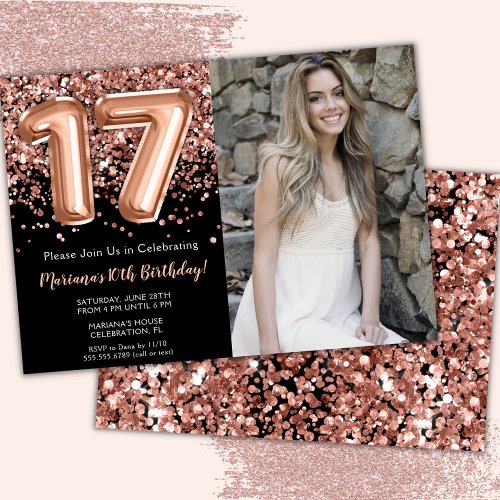 Photo Black Rose Gold Glitter 17th Birthday Invitation