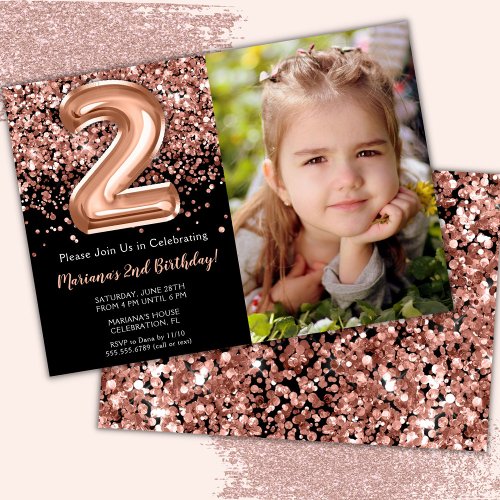 Photo Black Rose Gold Glitter 2nd Birthday Invitation