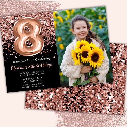 Photo Black Rose Gold Glitter 8th Birthday Invitation
