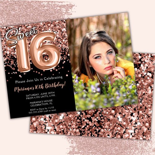 Photo Black Rose Gold Sweet 16th Birthday Party Invitation