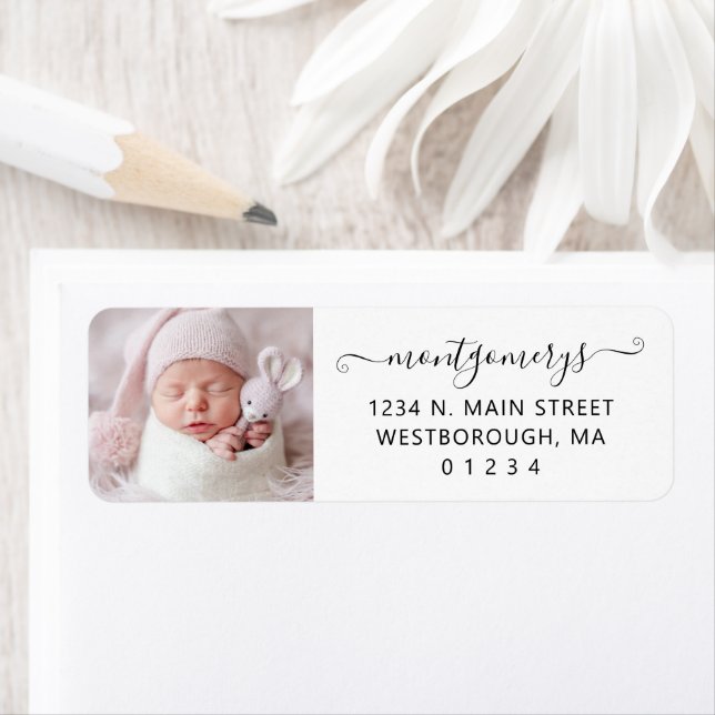 Photo Black Script Family Name Return Address Label (Insitu)