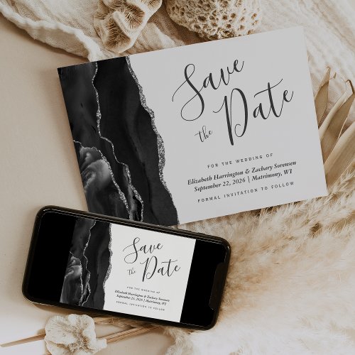 Photo Black Silver Agate Save the Date Card