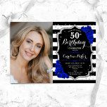 Photo Black Silver Royal Blue 50th Birthday Invitation<br><div class="desc">Elegant floral feminine 50th birthday invitation with your photo. Glam black white royal blue design with faux glitter silver. Features black and white stripes, sapphire blue roses, script font and confetti. Perfect for a stylish adult bday celebration party. Personalise with your own details. Can be customised for any age! Printed...</div>