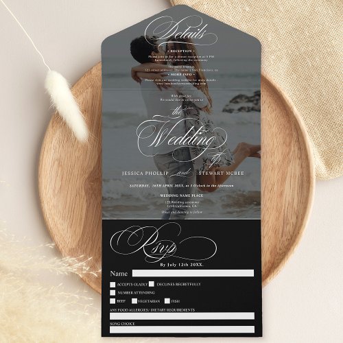 Photo black simple elegant calligraphy wedding all in one invitation
