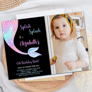 Photo Black Splash Splish Mermaid Birthday Invitation