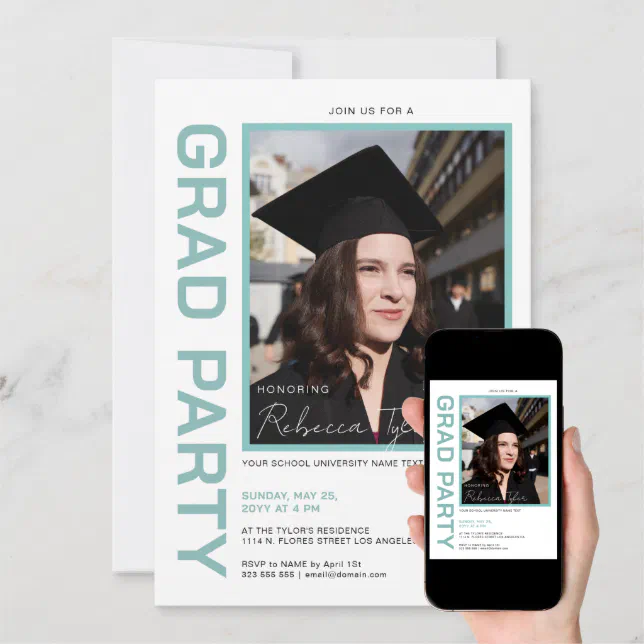 Photo, Black & Turquoise Text Grad Party Invite | Zazzle