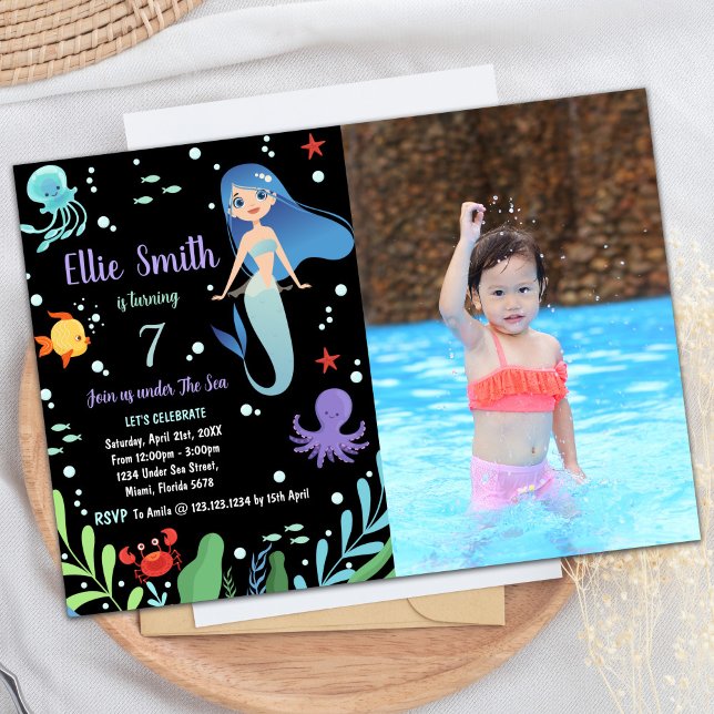 Photo Black Under the sea Mermaid Birthday Invitation (Photo Black Under the sea Mermaid Birthday Invitation)