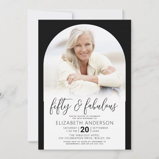 Photo Black White 50 Fabulous Birthday Arch Bold Invitation (Front)