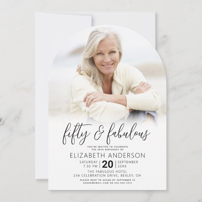 Photo Black White 50 Fabulous Birthday Arch Shape Invitation (Front)
