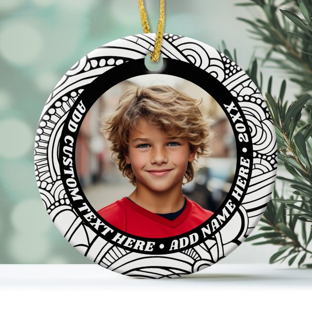 Photo - Black White Abstract Border - Retro Text Ceramic Ornament (Personalized Photo Ornament)