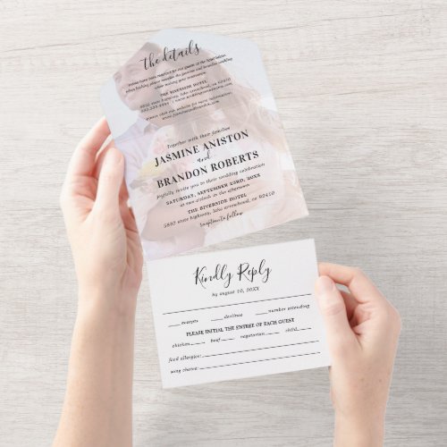 Photo Black & White All in One Wedding Invite - Elegant 3 in 1 wedding trifold invitation featuring a simple white background, a photo of the happy couple, the wedding details, invitation, and a menu rsvp postcard for your guests to tear off and send back.