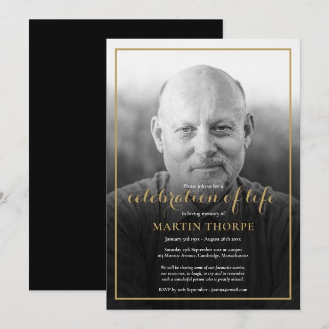 Photo Black White Celebration of Life Funeral Invitation (Front/Back)