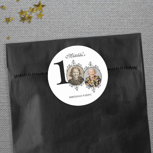Photo Black White Elegant 100th Birthday Party Classic Round Sticker (Photo Black White Elegant 100th Birthday Party Classic Round Sticker)