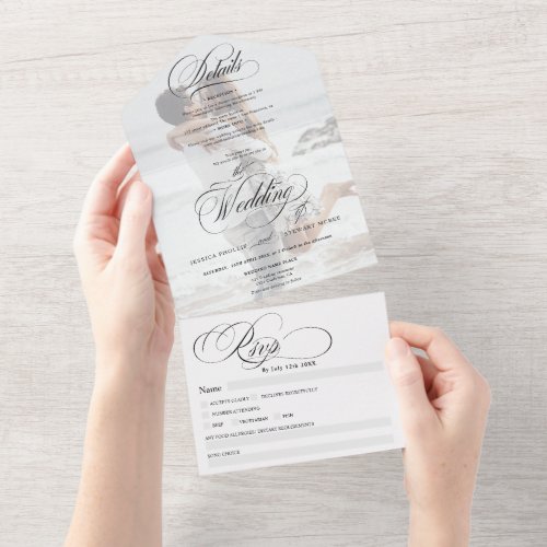Photo black white elegant calligraphy wedding all in one invitation - Chic black white elegant classic call in one calligraphy wedding invitation with rsvp, accommodations, details, and more info. With a beautiful brush calligraphy script, add your photo.