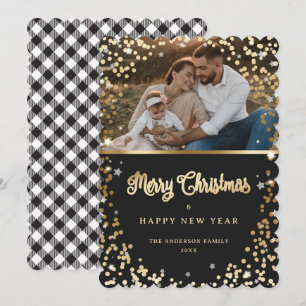 Photo Black White Gold Snow Stars Plaid Holiday Card