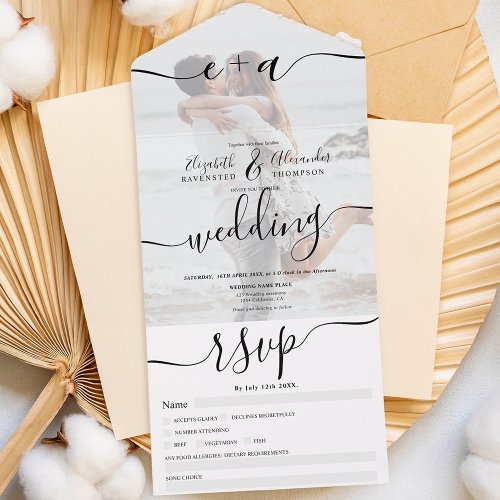 Photo black white initials script wedding all in one invitation