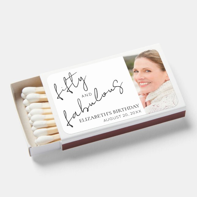 Photo Black White Minimal Fifty Fabulous Birthday Matchboxes (Front Open)