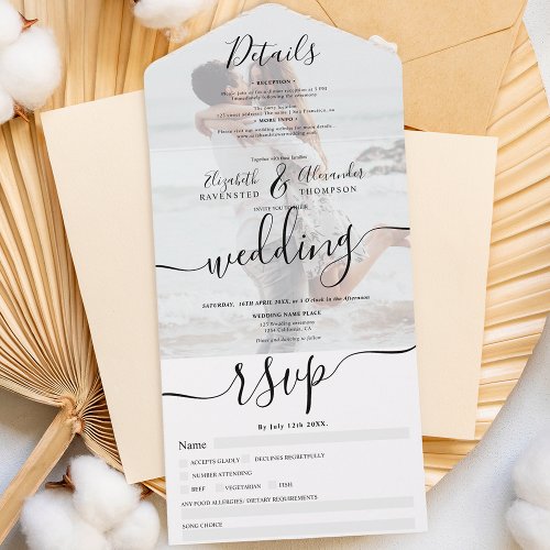 Photo black white modern script wedding all in one invitation