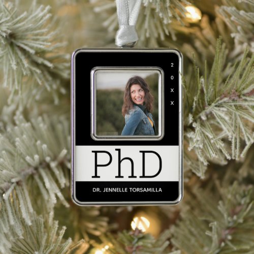 Photo Black White Name PhD Graduation Christmas Ornament