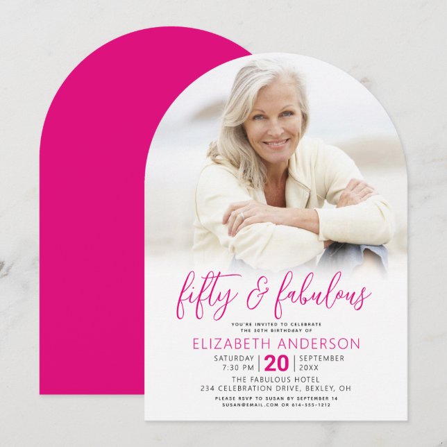 Photo Black White Pink 50 Fabulous Birthday Arch Invitation (Front/Back)