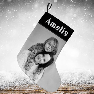 Photo Black White Rustic Festive Plaid Tartan Small Christmas Stocking