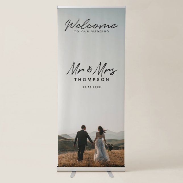 Photo Black White Script Wedding Welcome Sign (Front)