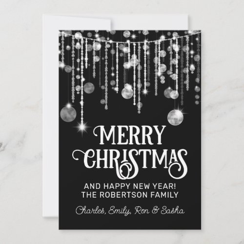 Photo Black White String Lights Christmas Card
