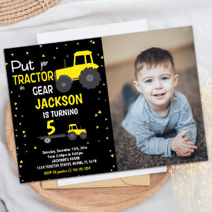Photo Black Yellow Tractor Birthday Invitations