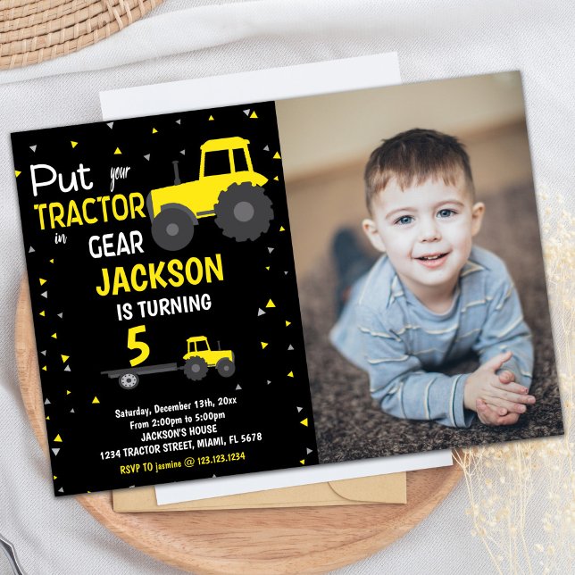 Photo Black Yellow Tractor Birthday Invitations (Photo Black Yellow Tractor Birthday Invitations)