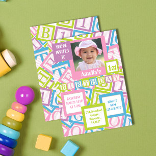 Photo Blocks Pattern First Girls Birthday Party Invitation