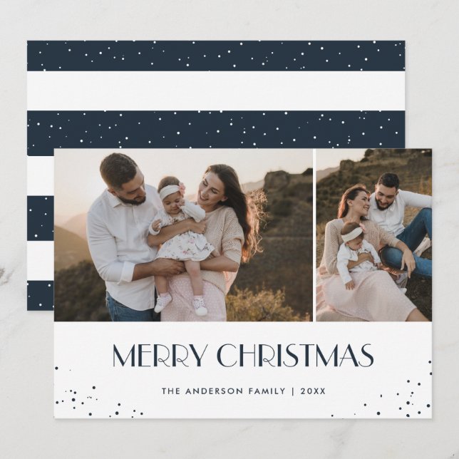 Photo Blue and White Merry Christmas Holiday Card (Front/Back)