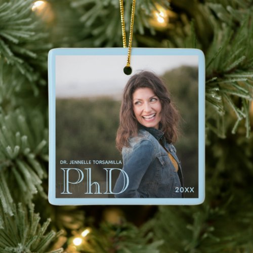 Photo Blue Border PhD Degree Name Year Graduation Ceramic Ornament