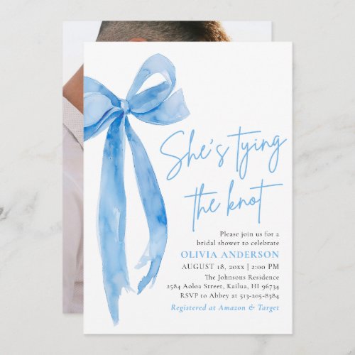 Photo Blue Bow Shes Tying the Knot Bridal Shower Invitation