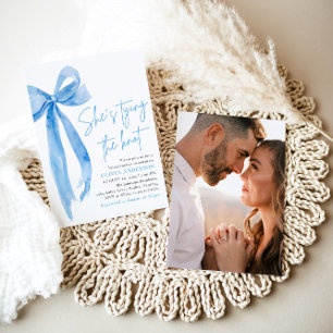 Photo Blue Bow She's Tying the Knot Bridal Shower Invitation