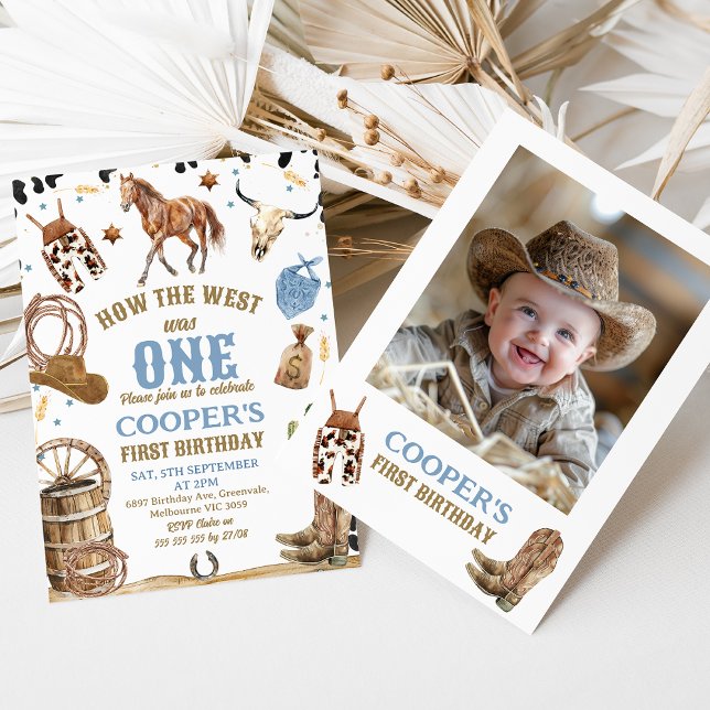 Photo Blue Brown How The West Was One 1st Birthday Invitation (How The West Was One 1st Birthday Template For Boy, Western Cowboy Themed First Birthday Invitation)