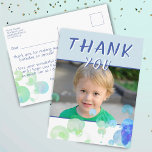 Photo Blue Bubbles Kids Birthday Party Thank you Postcard<br><div class="desc">Modern Blue Green Bubbles Kids Photo Birthday Thank You Card Cute personalizable birthday thank you photo card for kids. // This cute and modern card features colorful soap bubbles in blue and green colors, thank you text, photo, a message for your friends and family, and name. Personalize the card with...</div>