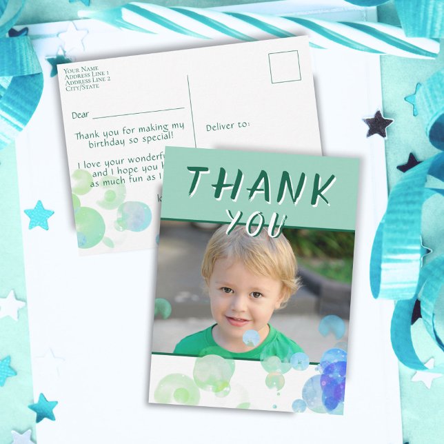 Photo Blue Bubbles Kids Birthday Party Thank you Postcard (Creator Uploaded)